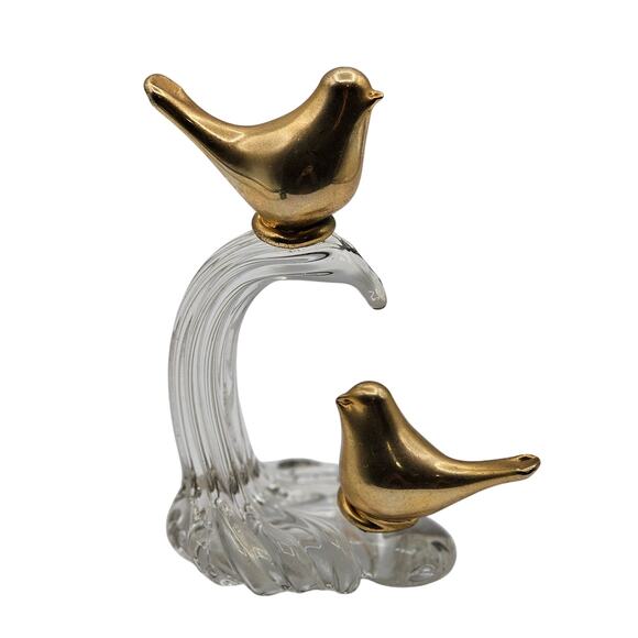 MCM Home Decor Accent - Vintage Brass Birds on Clear Art Glass Wave - Picture 5 of 7
